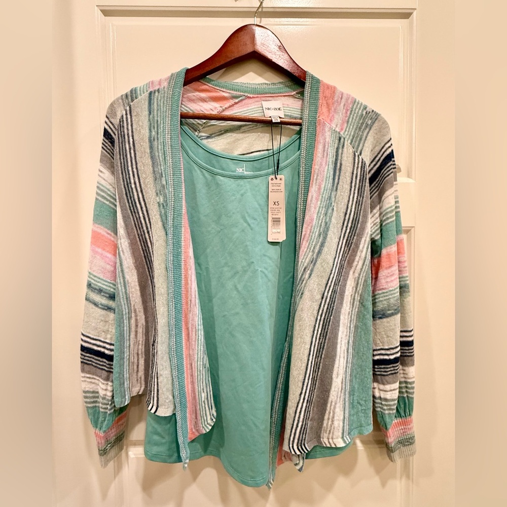 NIC+ZOE Green and Pink Cardigan Sweater with Matching Tank Top